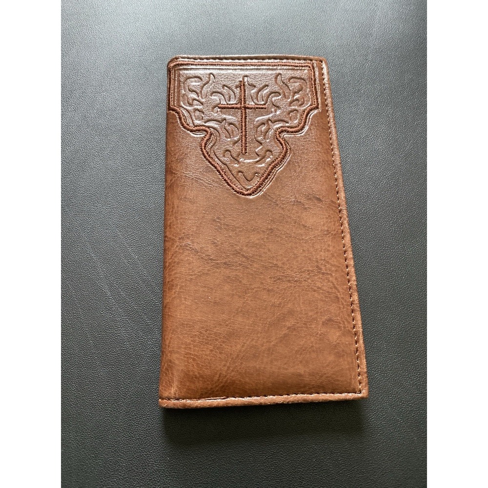 Western Brown‎ Faux Leather Checkbook Cover Embossed Cross Scrollwork Bifold
